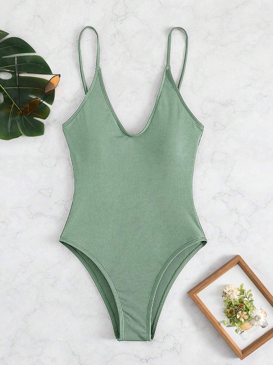 SHEIN Swim 女士纯色吊带连体泳衣，适合海滩度假、泳池派对、沙滩派对 - 軍綠色 - 查看 1