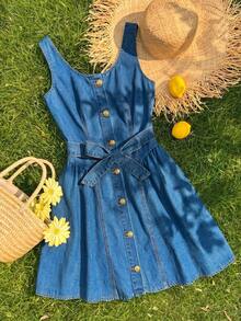 SHEIN Comfortcana Đầm denim nữ mùa hè kiểu dáng thường ngày, cài cúc phía trước, không tay. - Rửa trung bình - Xem 1