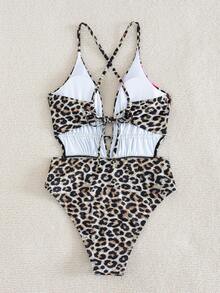 Swim SXY Springbreak Swim Vcay 女士性感深V露背交叉绑带连体泳衣，度假印花 - 棕色 - 查看 2