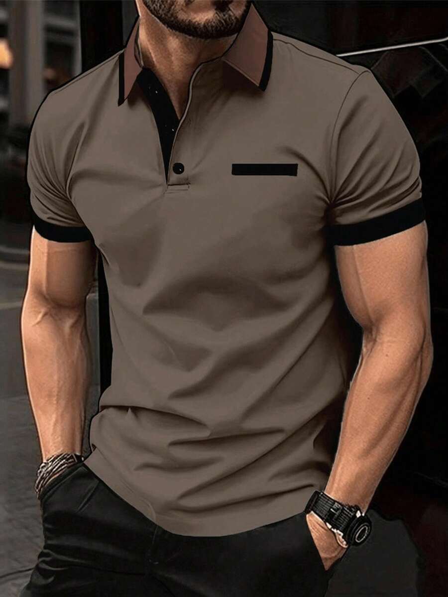 OTTIMOZO Áo polo nam cỡ lớn tay ngắn, có túi giả và cúc cài, kiểu dáng thường ngày. - Màu nâu Sô-cô-la - Xem 1