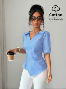 Elenzga Áo sơ mi nữ mùa hè mới có cổ, thiết kế thắt eo tôn dáng, gợi cảm, thanh lịch, bất đối xứng, tay áo cánh hoa kẻ sọc xanh, kiểu dáng rộng rãi, thoải mái, đa năng. - Màu xanh lam - Xem 5