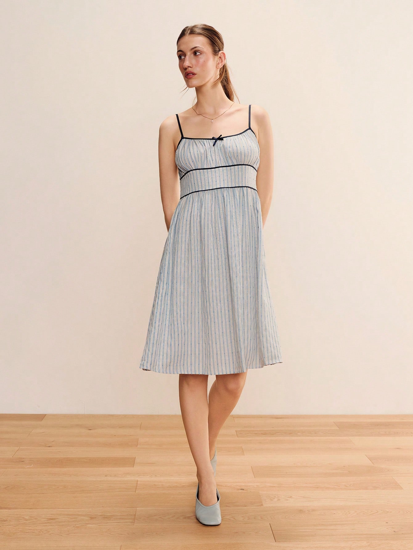 Blue Stripe Midi Summer Dress With Contrast Piping Detail And Bow Cute Vintage Casual Holiday Dress