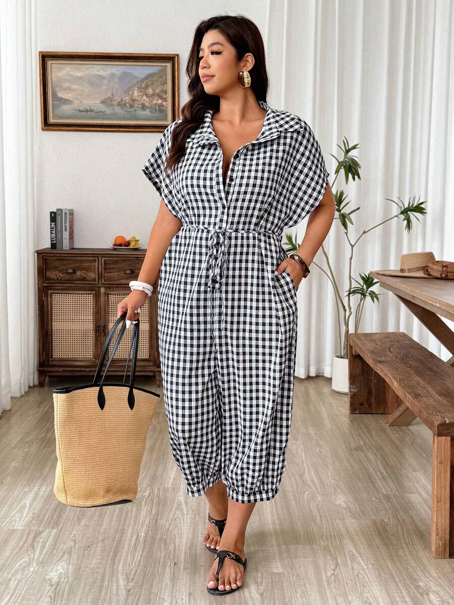 Weeklong Plus Size Textured Loose Plaid Print Asymmetric Pocket Short Sleeve Jumpsuit Fall - Multicolor - View 1