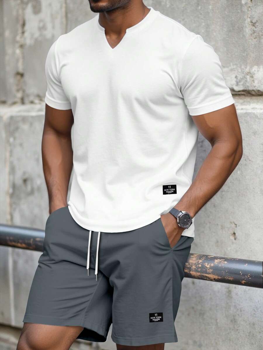 Manfinity Homme Men's Casual Versatile V-Neck T-Shirt And Drawstring Waist Pocket Shorts Set - Multicolor - View 1