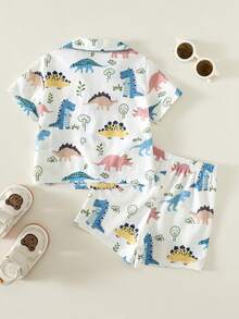 2pcs Baby Boy Cute Casual Comfortable Versatile Knit Cartoon Pattern Short Sleeve Pajama Set, Summer - Multicolor - View 2