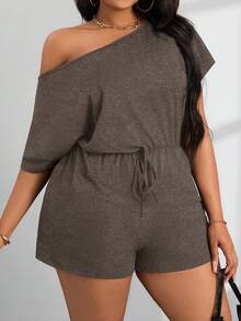 SHEIN PETITE CURVE 女士加大码夏季休闲露肩短袖连体裤 - 摩卡棕 - 查看 5