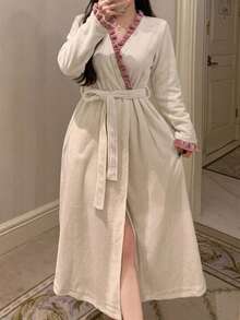 DAZY Plush Contrast Color Ruffle Trim Women Sleepwear Robe, Winter Pajamas - Beige - View 6