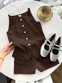 Bộ áo ba lỗ và quần short màu nâu cho bé gái tuổi teen, trang phục thường ngày, cỡ lớn. - màu nâu - Xem 3