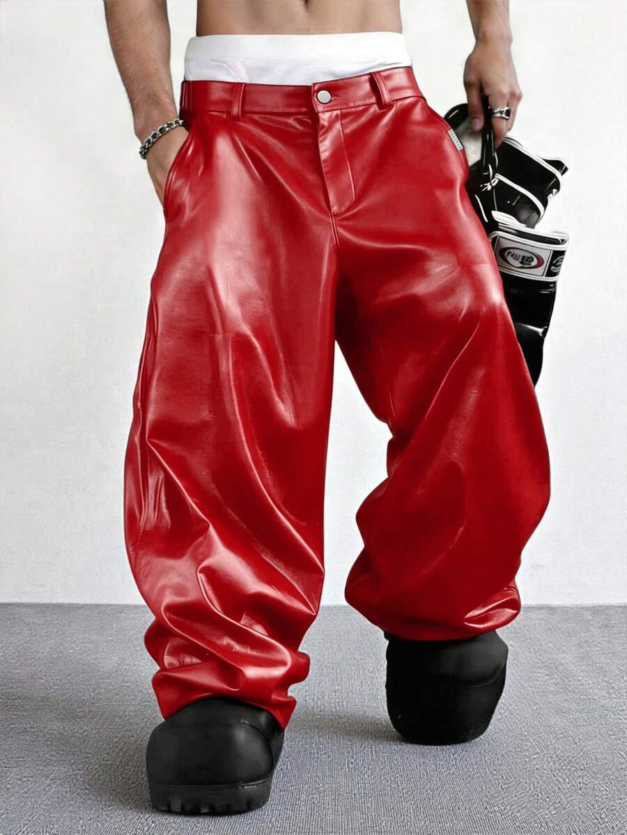 PAVTROS Pantalones de cuero sintético negro para hombre, pantalones anchos de corte holgado y versátil - Rojo - Ver 1