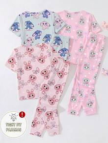 【3件套，随机发货1套】女童睡衣，春夏新品，热销经典元素可爱蝴蝶结兔子印花，针织紧身高弹面料短袖上衣+长裤睡衣套装（随机发货） - 彩色 - 查看 2