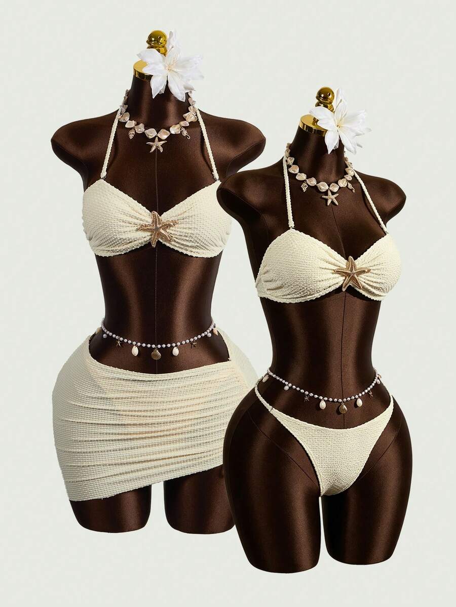 Zestiva White Summer Casual Sexy Holiday Pool Party Golf Vacation Luxury 3-Piece Set Textured Jacquard Fabric Top Metal Starfish Decor Triangle Shorts Skirt - Apricot - View 1