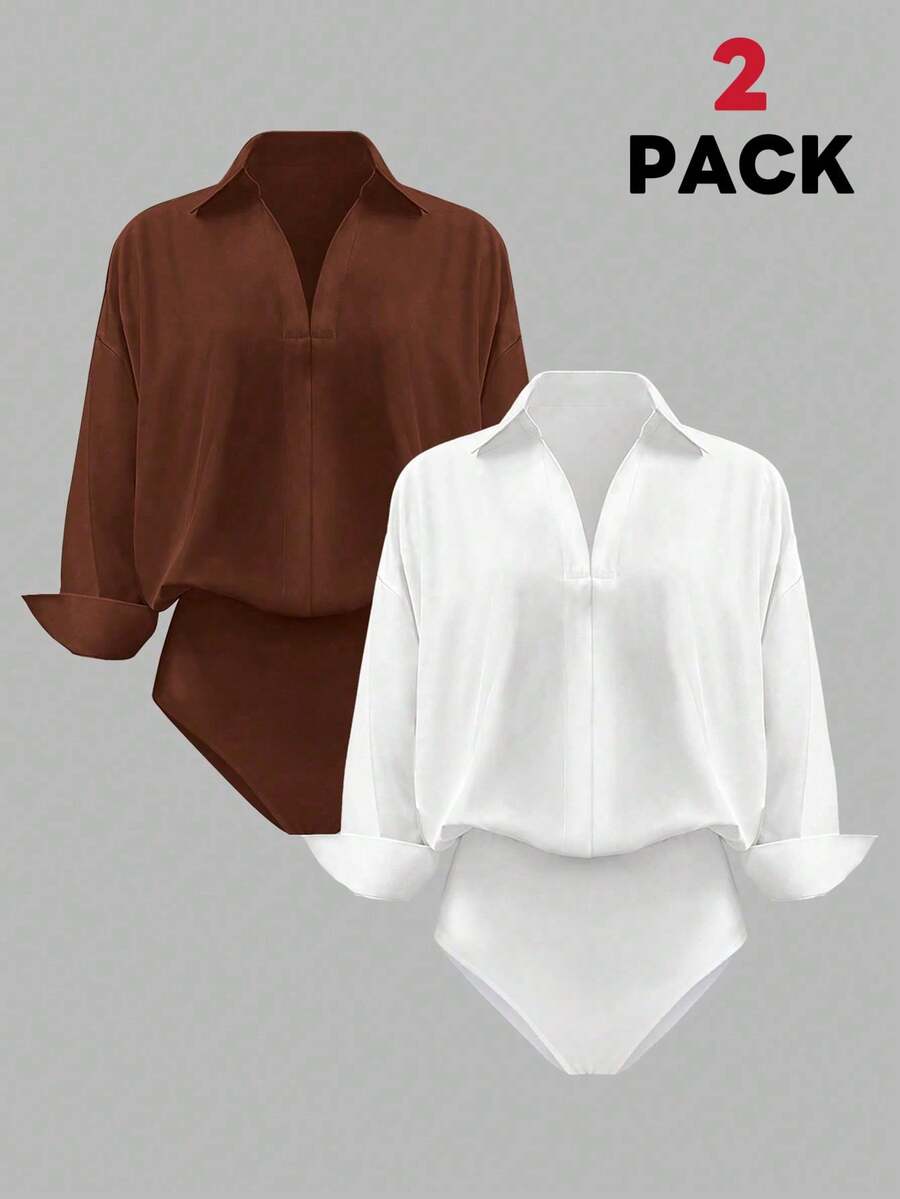 Franclia Women's Solid Color Lapel Fashionable Versatile Date Shirt Bodysuit 2 Pieces Set