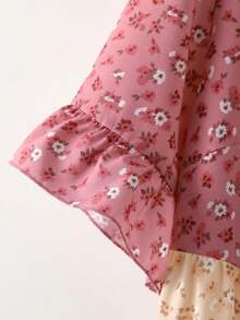 Linhara Blusa de mujer talla grande de verano con cuello redondo, volantes, mangas cortas, estampado floral diminuto y bloque de color con efecto peplum - Rosa Oxidada - Ver 5