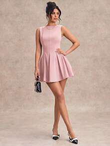 SHEIN BAE Váy ôm sát dáng chữ A cổ chéo màu đen tối giản, váy mùa hè đơn giản gợi cảm, thích hợp cho ngày lễ tình nhân, tiệc cưới phù dâu, váy đen nhỏ thanh lịch - Màu Hồng  San hô - Xem 7