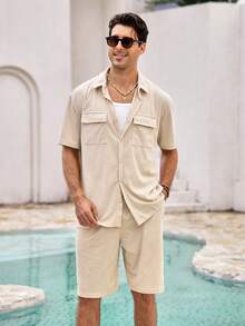 New Summer Men's Solid Color Multi-Pocket Button Shirt + Drawstring Shorts Set, Vacation Casual Sports Daily Basic Outfit, 2 Pieces Set, Cozy Outfits - Beige - View 4