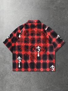 ROMWE MEN Street Life Áo sơ mi nam tay ngắn kẻ caro dáng rộng - Đỏ - Xem 8