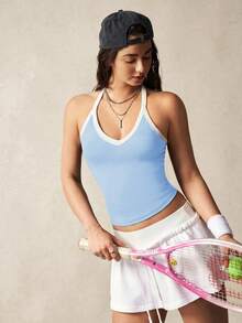 VARSIVA Contrast Color Trim Backless Sleeveless Fitted Casual Fitness Sports Tank Top For Summer - Blue - View 5