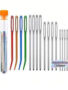 Set de 17 piezas: 12 agujas de tapicería de acero inoxidable + 4 ganchos de ganchillo de colores con 1 caja de almacenamiento para coser, ganchillo, DIY de punto (todos los estilos y colores al azar) - Multicolor - Ver 1