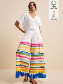 LOTSLUV Women's V-Neck Short Sleeve White T-Shirt And Blue White Striped Wide Leg Pants 2-Piece Set, Chic Summer Vacation Casual Loose Colorful Outfit Coords - Multicolor - View 1