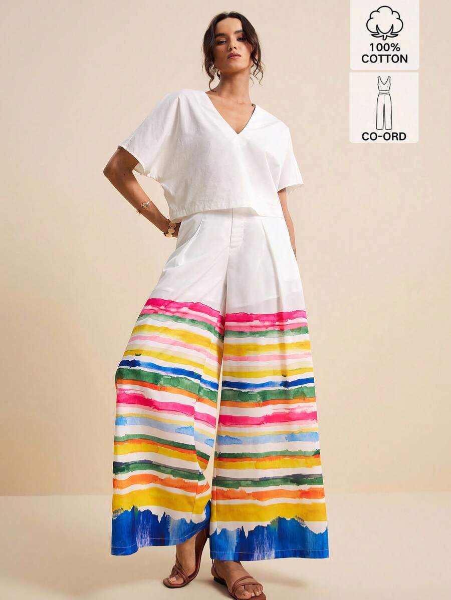 LOTSLUV Women's V-Neck Short Sleeve White T-Shirt And Blue White Striped Wide Leg Pants 2-Piece Set, Chic Summer Vacation Casual Loose Colorful Outfit Coords - Multicolor - View 1