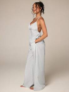 Athîral Women's Plaid Ruched Halter Tie Backless Top And Pants Casual 2-Piece Set Lounge Light Grey Summer - Blue - View 6
