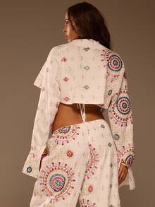MUSERA Áo croptop lệch vai, đính họa tiết, phong cách boho Ibiza, thanh lịch, thích hợp cho kỳ nghỉ xuân hè, đi biển. - trắng - Xem 1