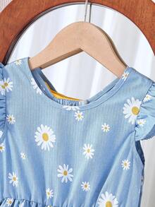 SHEIN Elladie kids 女童春夏休闲时尚新款连衣裙，纯黄色后背设计，饰有3D蝴蝶结，蓝色印花无袖A字裙，可爱舒适，适合日常、上学、度假、派对等场合，优雅的春夏装扮。 - 藍色 - 查看 6
