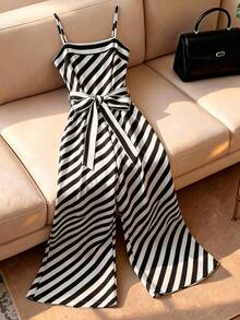Franclia Fashionable Minimalist Black & White Striped Jumpsuit - Black and White - View 1