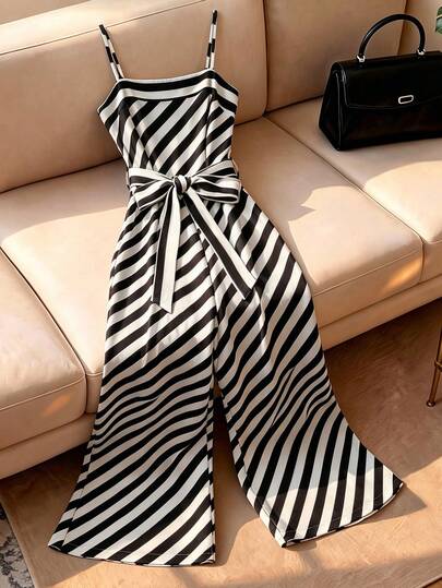 Franclia Fashionable Minimalist Black & White Striped Jumpsuit
