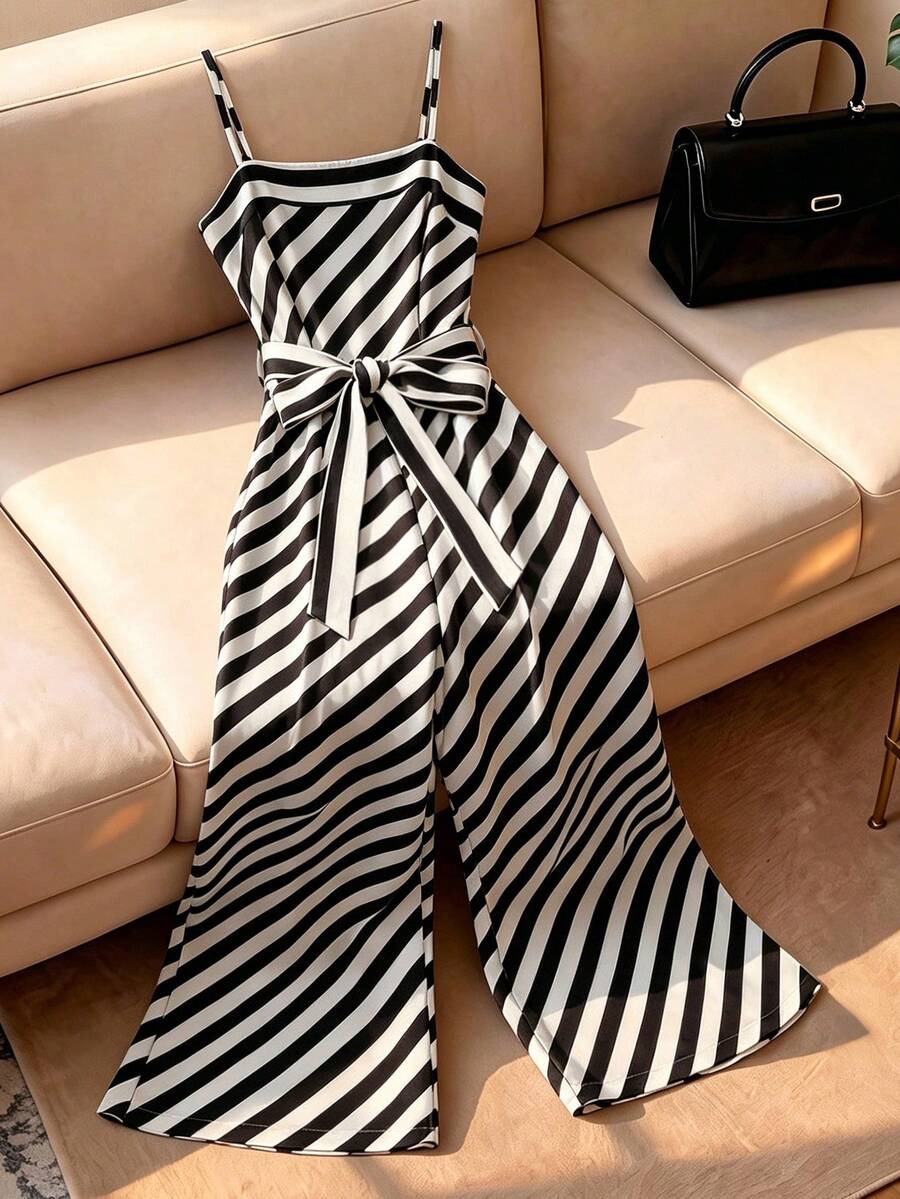 Franclia Fashionable Minimalist Black & White Striped Jumpsuit - Black and White - View 1