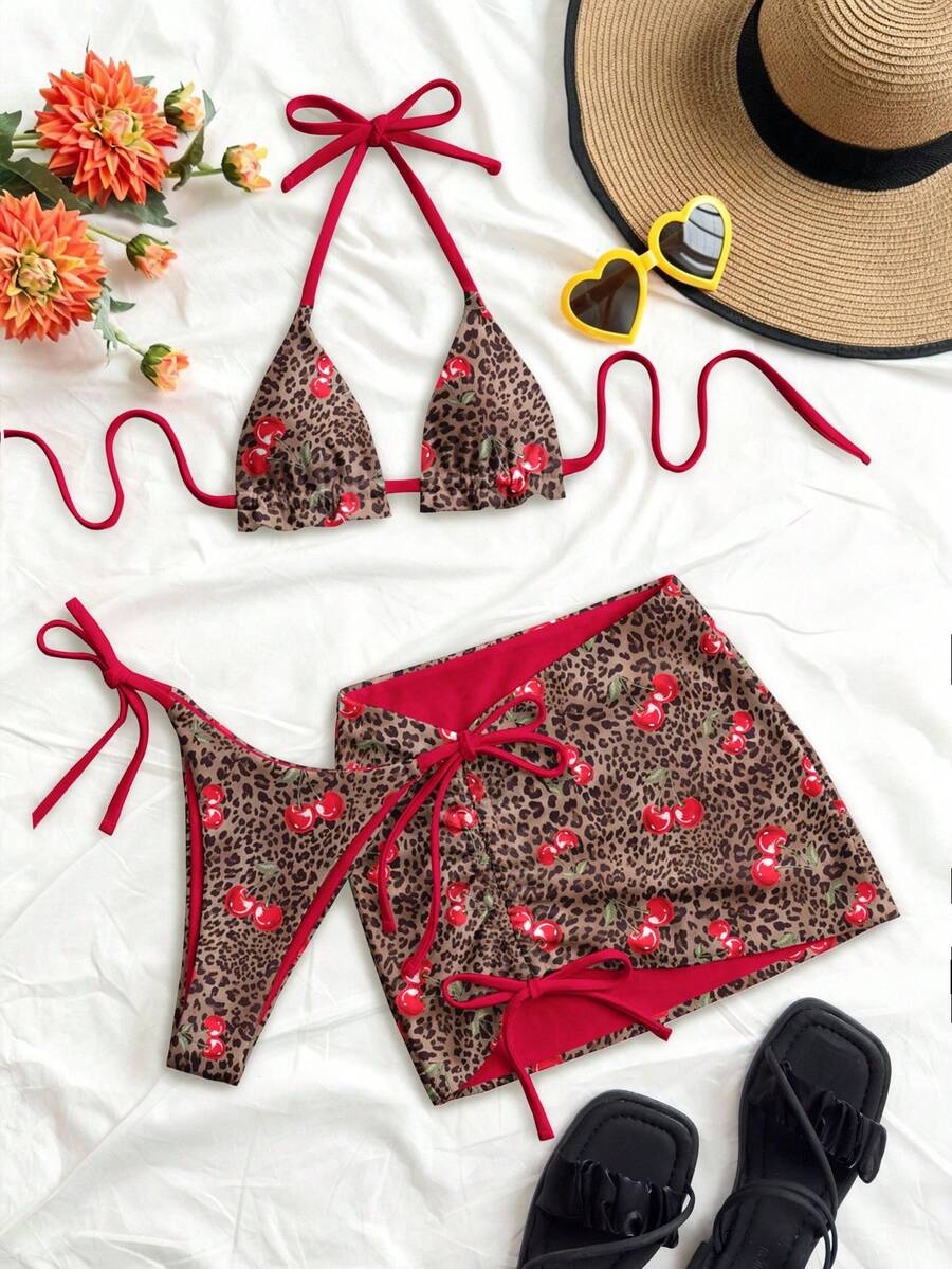Soleia Bộ bikini họa tiết da báo mới dành cho nữ, kèm váy, họa tiết đồng bộ, kiểu buộc dây cổ, thời trang và gợi cảm. - Nhiều màu - Xem 1