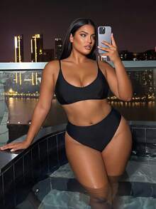 Swim SXY Bộ bikini nữ cỡ lớn mới năm 2026, màu trơn, dây chéo, gợi cảm, gồm quần bơi rời, thích hợp cho bãi biển, thương hiệu châu Âu và Mỹ. - màu đen - Xem 7