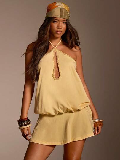 Athîral Women's Casual Vacation Hollow-Out Yellow Halter Knit Mini Dress