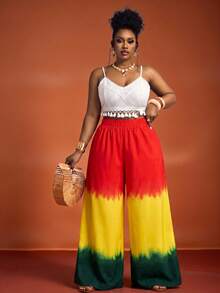 大码女士优雅渐变宽松阔腿裤，适合度假、下午茶、邮轮、城市自驾游、波西米亚风度假、音乐节、海滩、复活节、优雅度假装扮、音乐会、热带度假等场合，波西米亚风长裤，适合春、夏、秋季穿着，适合梨形/三角形身材，大码夏季阔腿裤，大码夏威夷风情套装 - 彩色 - 查看 7