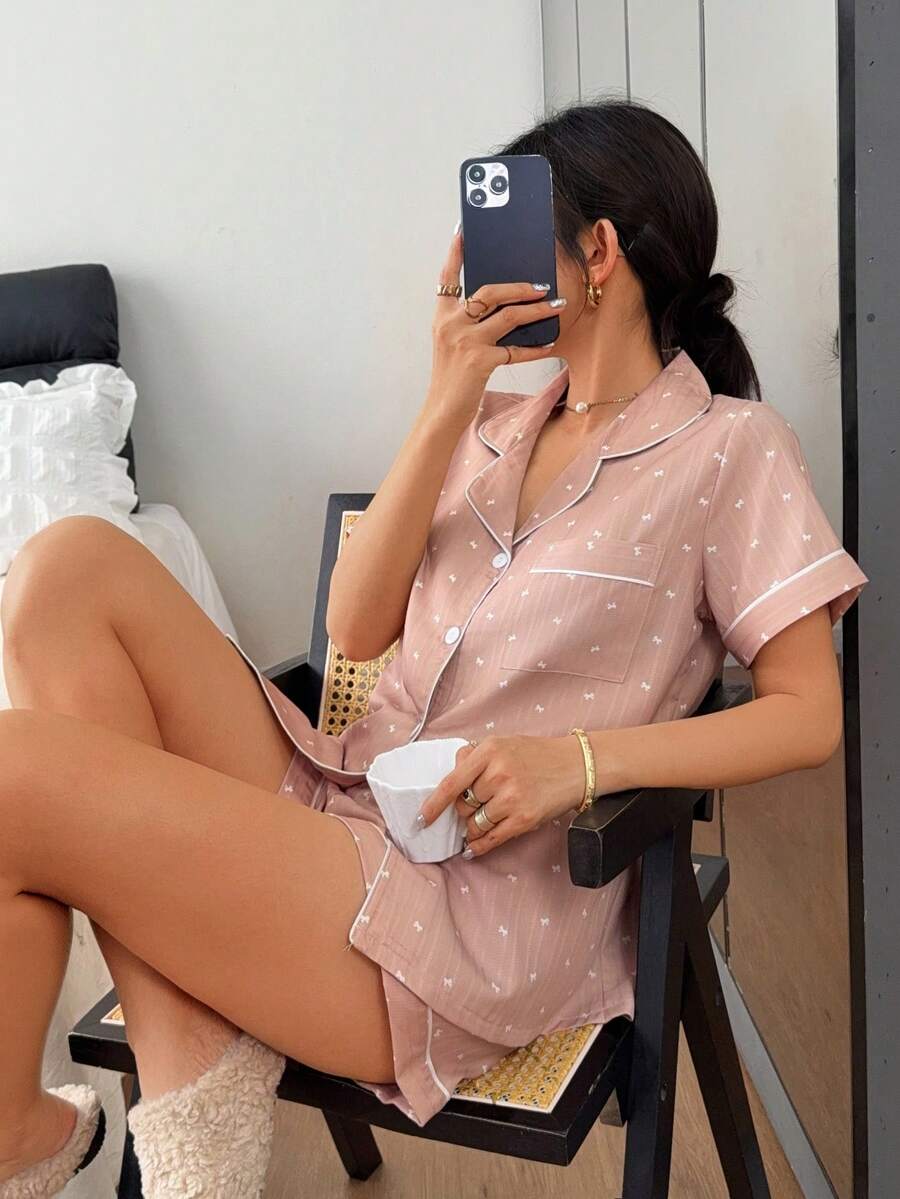 Napfluff Elegant Bow Print Short Sleeve & Shorts Collared Pajama Set For Women - Dusty Pink - View 1