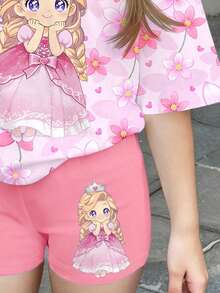 两件套，少女可爱花卉卡通冰雪女王印花短袖T恤和休闲短裤，适合夏季，姐妹和闺蜜同款。 - 白色 - 查看 6