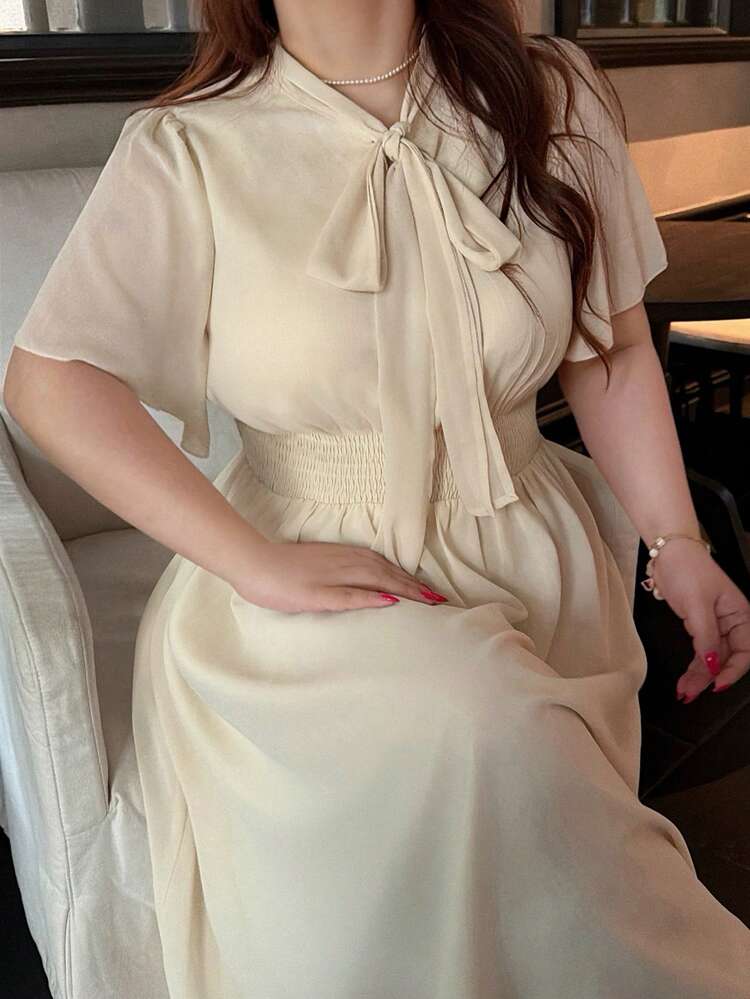 Dazy Plus Plus Size Women's High Collar Butterfly Tie Decor Ruffle Hem Long Dress, Elegant Summer Beach Dress