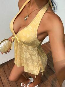 Opulessa 女士纯色镂空泳装套装，度假沙滩装 - 黃色 - 查看 6