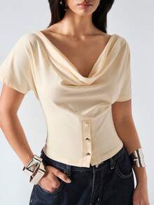 2026 Nueva Camiseta de Mujer Minimalista de Primavera/Verano de Puro Azul Marino de Manga Corta, Ajustada, de Cuello Redondo, Moda Casual, Top para Exteriores, Ropa de Carnaval, Atuendo de Vacaciones de Verano - Beis - Ver 2