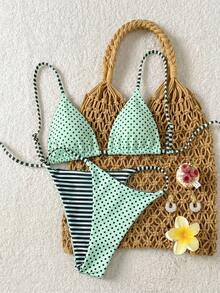 SHEIN Swim Mod Women's 2 Pieces Reversible Striped & Polka Dot Print Casual Swimsuit Set - Mint Green - View 6