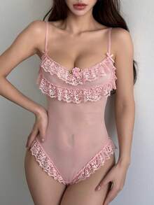 DAZY Lace & Mesh Patchwork Semi-Sheer Floral Decor Bodysuit, Fitted Spaghetti Strap Ruffle Trim Sexy Jumpsuit For Women - Pink - View 8