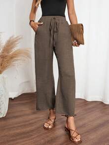 Louniche Women's Denim EffectLinen Floral Trim Side Pants - Coffee Brown - View 5