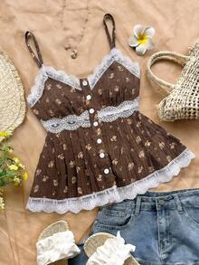 SHEIN LUNE 2026夏季新款女士吊带背心，适合海滩度假，纽扣和花卉印花拼接蕾丝边无袖短款V领休闲上衣，约会、夜间外出皆宜。 - 彩色 - 查看 5