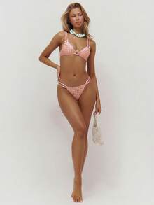 Musera Resort Check Print Double Layered Beaded Strap Detail Bikini Bottoms Only Summer Swim Beach Cover Up Vacation Everyday Sexy Cute Travel Bambola - Orange - View 6