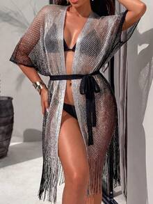 Swim SXY Áo khoác ngoài kiểu kimono dài, buộc dây, màu ombre nhiều sắc độ, xẻ cao, có tua rua, chất liệu lưới, thích hợp cho kỳ nghỉ biển mùa xuân, hè và thu dành cho nữ. - Nhiều màu - Xem 1