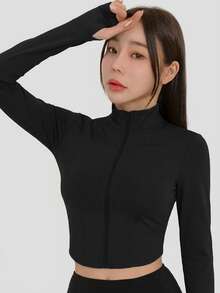 DAZY 女士纯色弹力高领修身长袖外套，休闲运动风，春秋季 - 黑色 - 查看 3