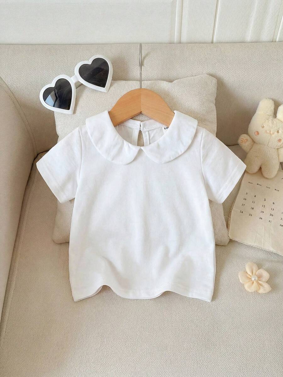 SHEIN Vintaside Kids 嬰兒女童彼得潘領鑽石領口上衣 - 白色 - 查看 1
