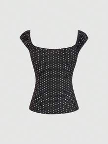 Sweetra Retro American Style Polka Dot Square Collar Bow Lace Patchwork Fitted Summer T-Shirt For Women - Black - View 2