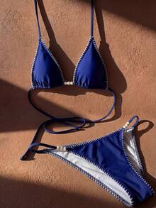Bộ bikini gợi cảm buộc dây cổ dành cho nữ, thích hợp mặc đi biển mùa hè. - Màu xanh hải quân - Xem 3