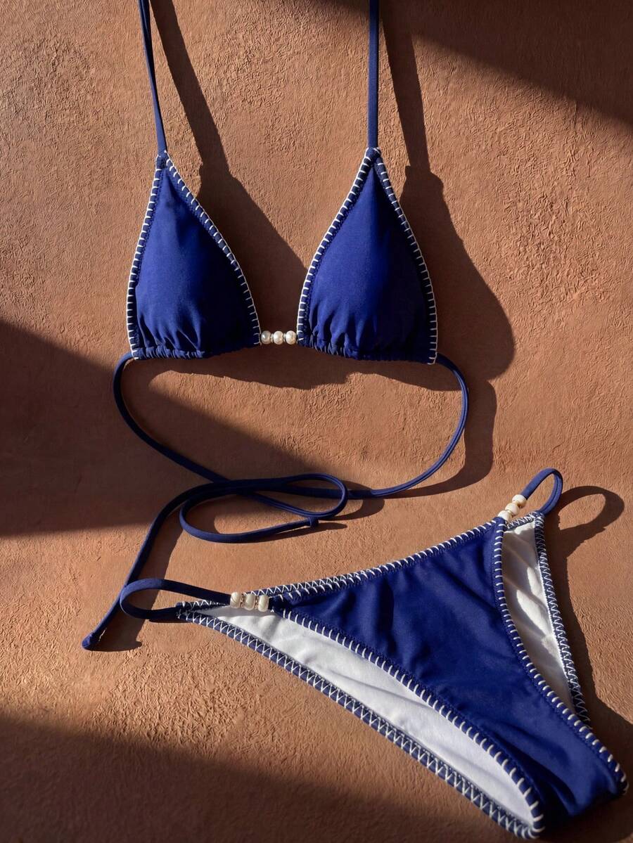Sexig bikini med halterneck och knytband för kvinnor, sommarstrand - Marinblå - Visa 1
